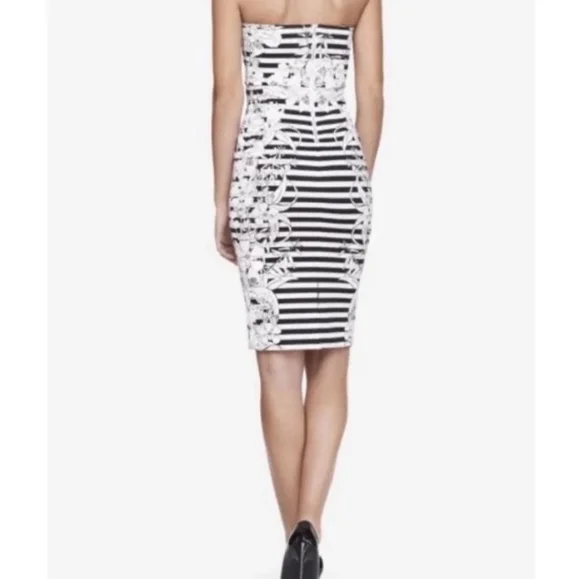 NWOT Express Strapless Floral Striped Black White Knee Length Bodycon Dress US 2 - Picture 2 of 7